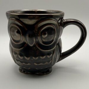 World Market Copper Reactive Glaze Dark Brown Owl Mug Cup Shiny Embossed Detail